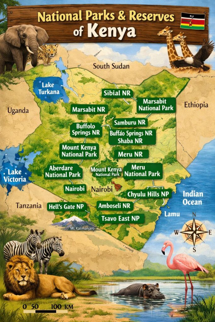 Kenya is home to some of the world's most iconic landscapes and wildlife sanctuaries. From the rolling savannahs of the south to the rugged, arid terrains of the north, the national parks and reserves offer incredibly diverse experiences. Here is a detailed guide to the major parks in Kenya, categorized by the type of adventure they provide. 1. The Crown Jewels: Classic Safari Experiences These parks are world-renowned and represent the "quintessential" African safari. Maasai Mara National Reserve: Located in the southwest, the Mara is famous for the Great Migration (July–October), where over a million wildebeest and zebras cross from the Serengeti. It offers the highest predator density in the country, making it the best place to see lions, cheetahs, and leopards. Amboseli National Park: Situated at the foot of Mount Kilimanjaro, Amboseli is iconic for its "giant" elephants. The park’s flat, open plains provide some of the best photographic backdrops in Africa, with large herds of elephants framed by the snow-capped mountain. Tsavo East & West: Together, they form one of the largest protected areas in the world. Tsavo East is known for its "red elephants" (who bathe in the volcanic soil) and the massive Yatta Plateau. Tsavo West is more mountainous and scenic, featuring Mzima Springs, where hippos and crocodiles can be viewed from an underwater chamber. 2. Adventure and Landscapes For those who want to do more than just sit in a safari vehicle, these parks offer hiking, cycling, and unique geological features. Hell’s Gate National Park: One of the few parks where you can cycle and hike among wildlife like zebras and giraffes (there are no predators here). It features dramatic cliffs, deep gorges, and geothermal steam vents that inspired scenes in The Lion King. Mount Kenya National Park: Centered around Africa's second-highest peak, this UNESCO World Heritage site offers everything from moorlands to glaciers. It is a premier destination for high-altitude trekking and mountain climbing. Aberdare National Park: A high-altitude forest park known for its misty mountains and spectacular waterfalls (like Karuru Falls). It’s home to the rare Bongo antelope and provides a cooler, lush contrast to the savannahs. 3. The Northern Frontier: Unique Species Northern Kenya is home to the "Samburu Special Five"—species found only in these arid regions. Samburu & Buffalo Springs National Reserves: These parks are separated by the Ewaso Ng'iro River. You’ll find the Special Five here: the Reticulated Giraffe, Grevy’s Zebra, Somali Ostrich, Beisa Oryx, and the Gerenuk (a long-necked antelope that stands on its hind legs). Meru National Park: Once the home of Elsa the Lioness (Born Free fame), Meru is a wild, untamed paradise with palm-lined rivers and thick forests. It is an excellent choice for travelers looking to avoid the crowds. 4. Lake and Wetland Sanctuaries Kenya’s Rift Valley lakes are hotspots for birdlife and specialized wildlife. Lake Nakuru National Park: Famous for its rhino sanctuary (both Black and White rhinos) and the thousands of pink flamingos that often fringe the lake. It is compact and very easy to navigate for a day trip. Saiwa Swamp National Park: Kenya’s smallest park, specifically created to protect the Sitatunga, a rare, semi-aquatic antelope with webbed hooves. It’s a tranquil spot for nature walks and birding. 5. The Urban Safari Nairobi National Park: The only park in the world that borders a capital city. You can photograph a rhino or lion with the city's skyscrapers in the background. It serves as a vital rhino sanctuary and is perfect for those with limited time in the city.